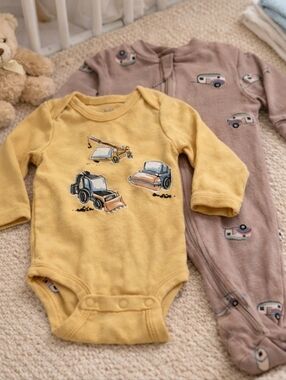 🚜 Pekkle 3M Baby Bundle | Construction Onesie + Camper Footie Pajamas